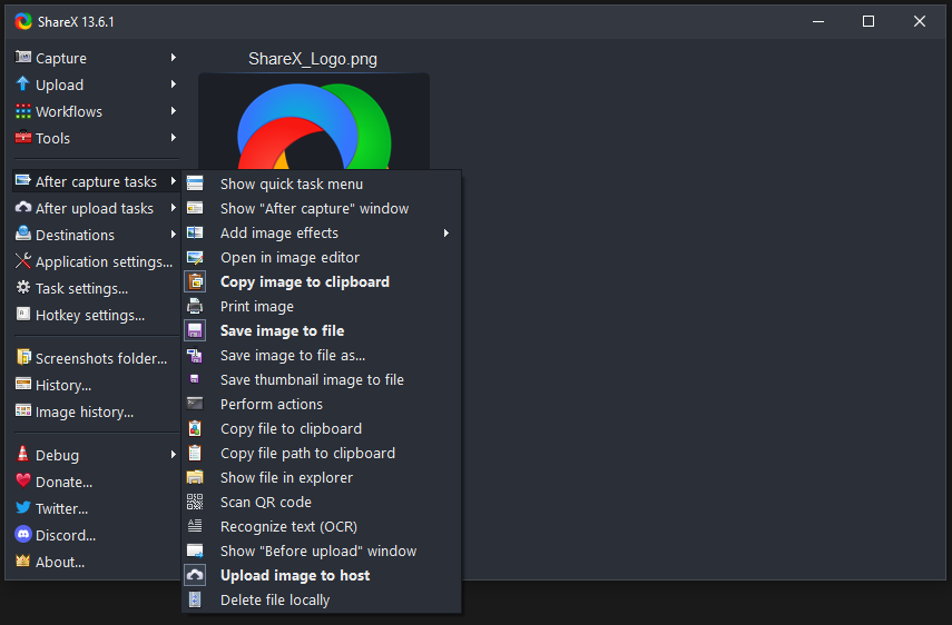 ShareX After capture tasks menu